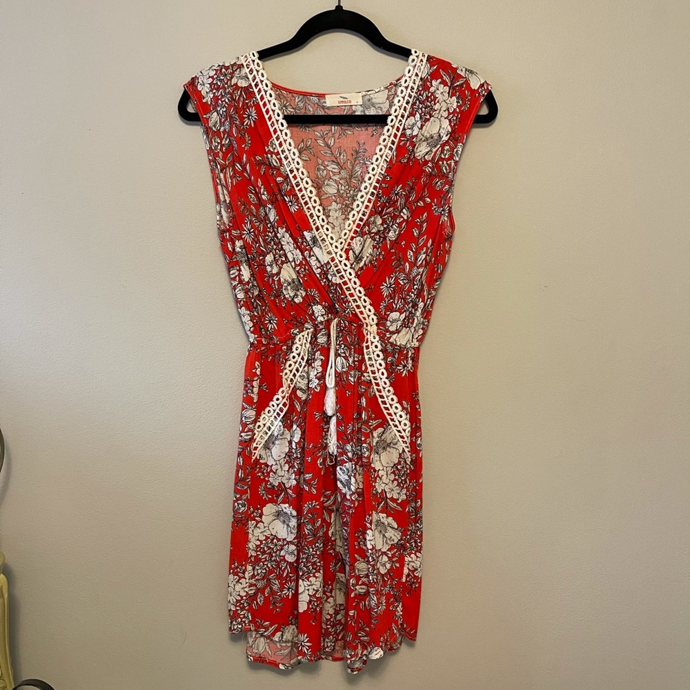 Red Floral Print Wrap Style Mini Dress